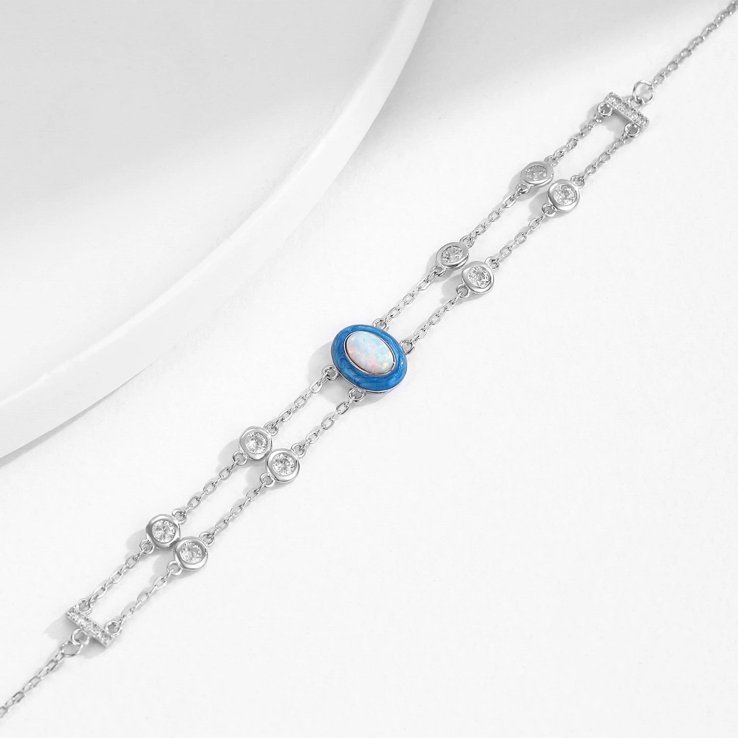 925 Sterling Silver Enamel Gradient Opal Oval Double Layer Chain Bracelet