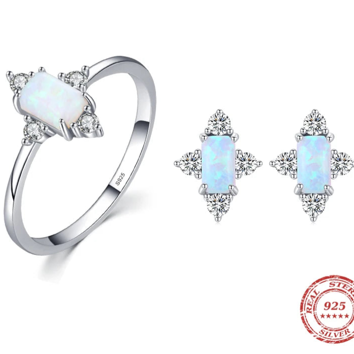 Authentic 925 Sterling Silver Natural Opal Jewelry Sets, Rings and Earrings